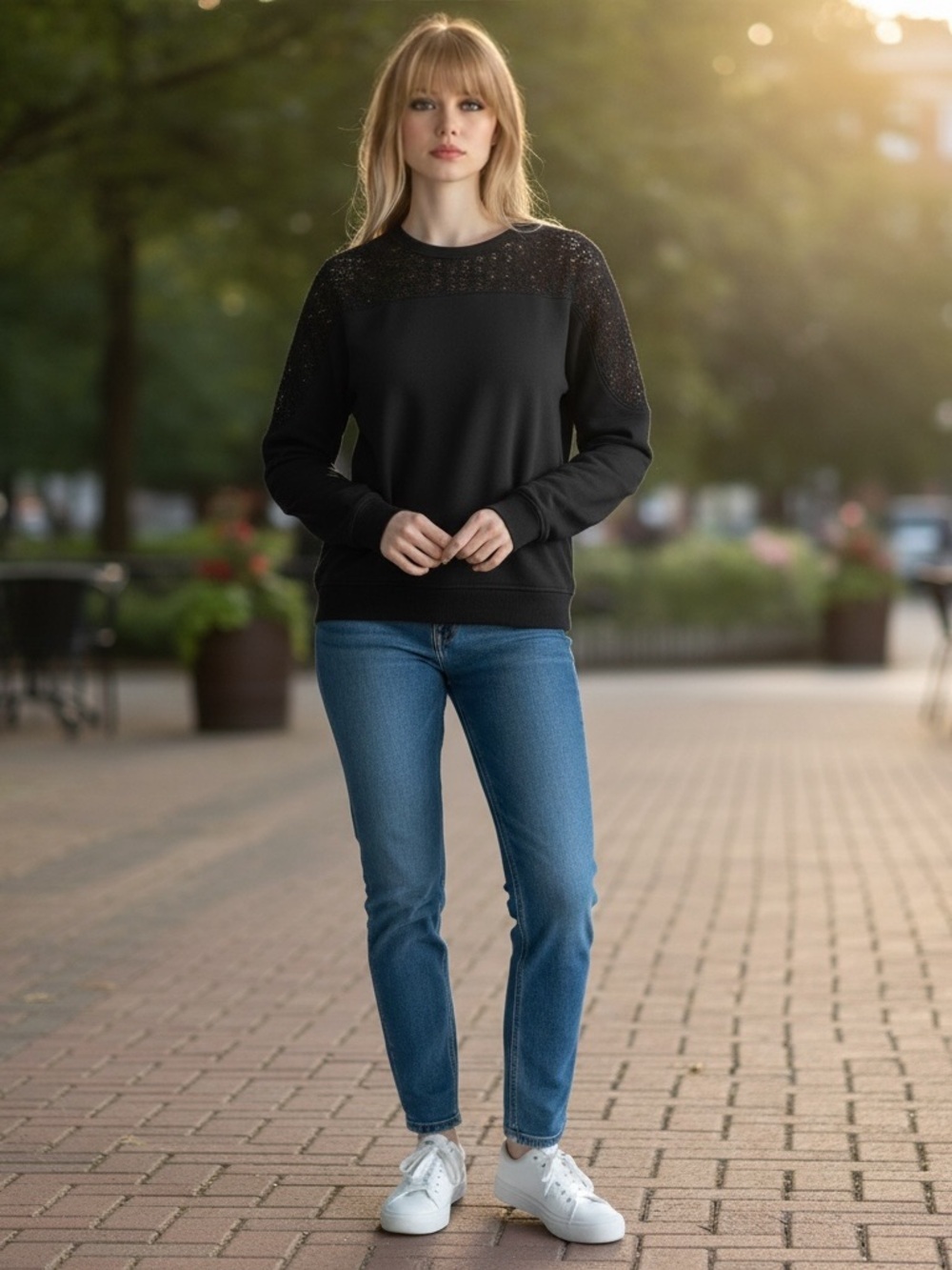 EXPRESS L Black Crochet Top & Shoulder Design Sweatshirt R $64 - Picture 3 of 13